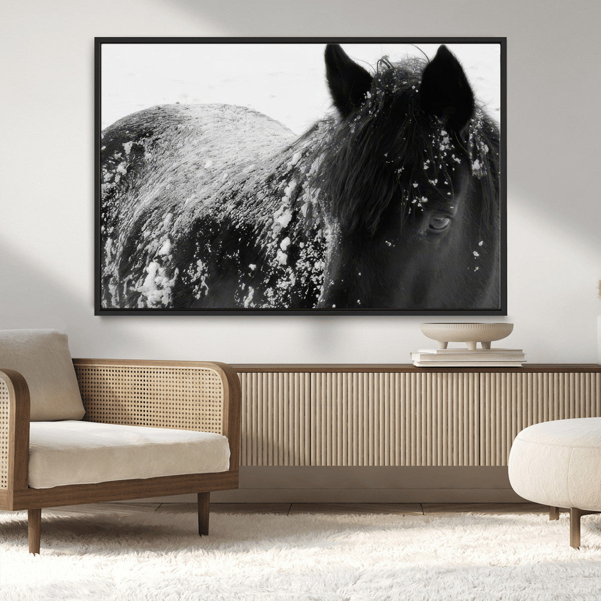 Black Horse in Snow Canvas Print | Winter Horse Wall Art |