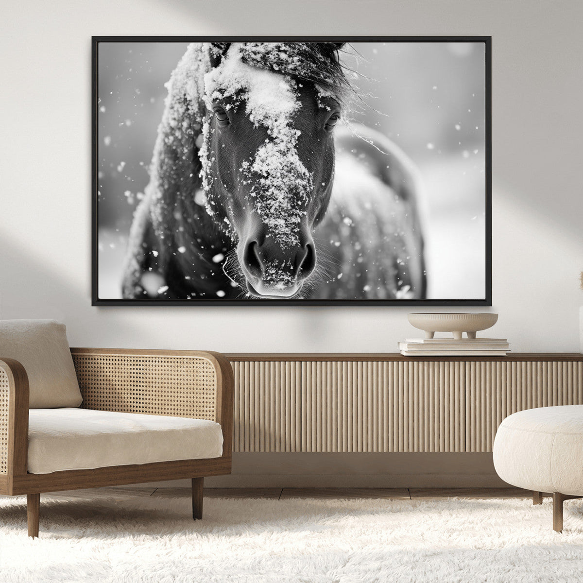 Black and White Horse Winter Wall Art | Ready to Hang and