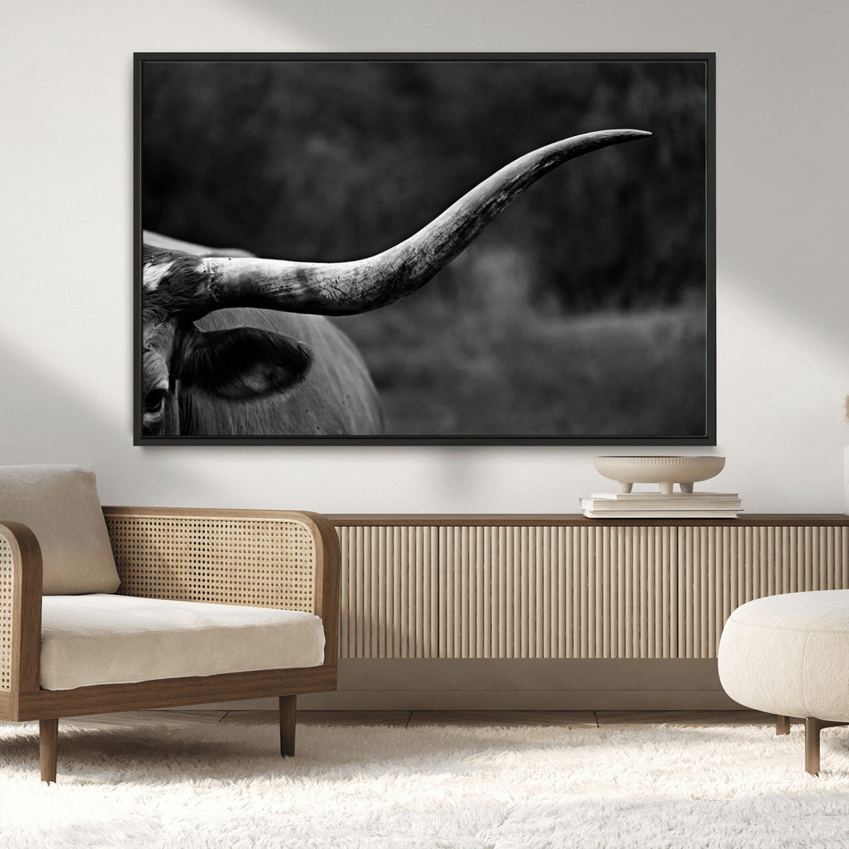 Cow Longhorn Wall Art | Black and White Print | Ready to