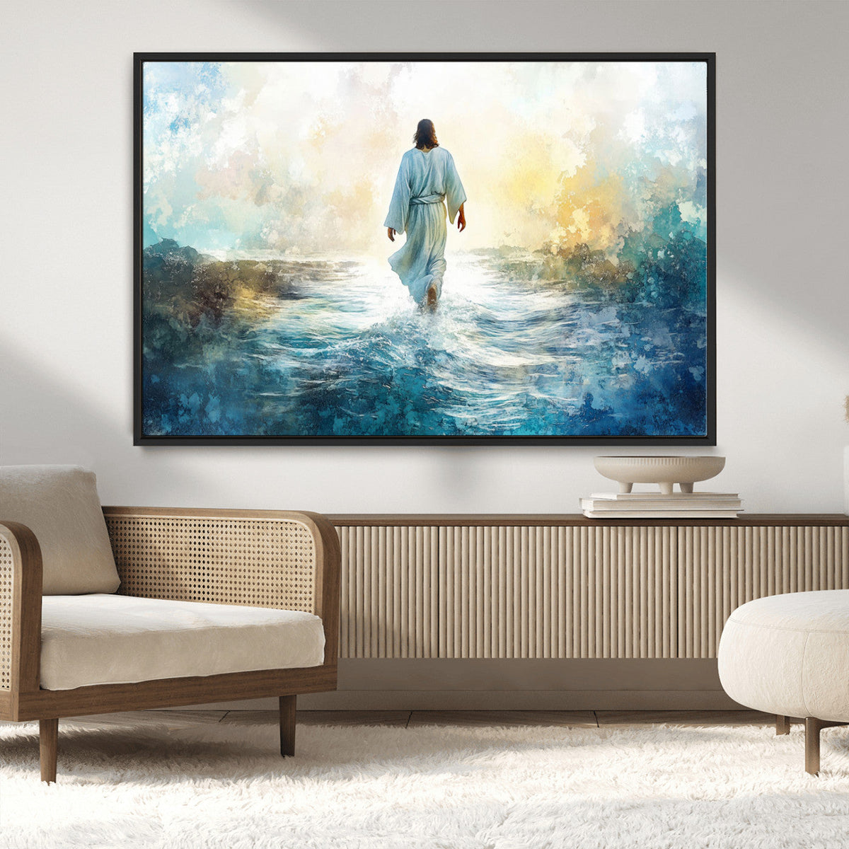 Watercolor Jesus Walking on Water Canvas Print, Christian