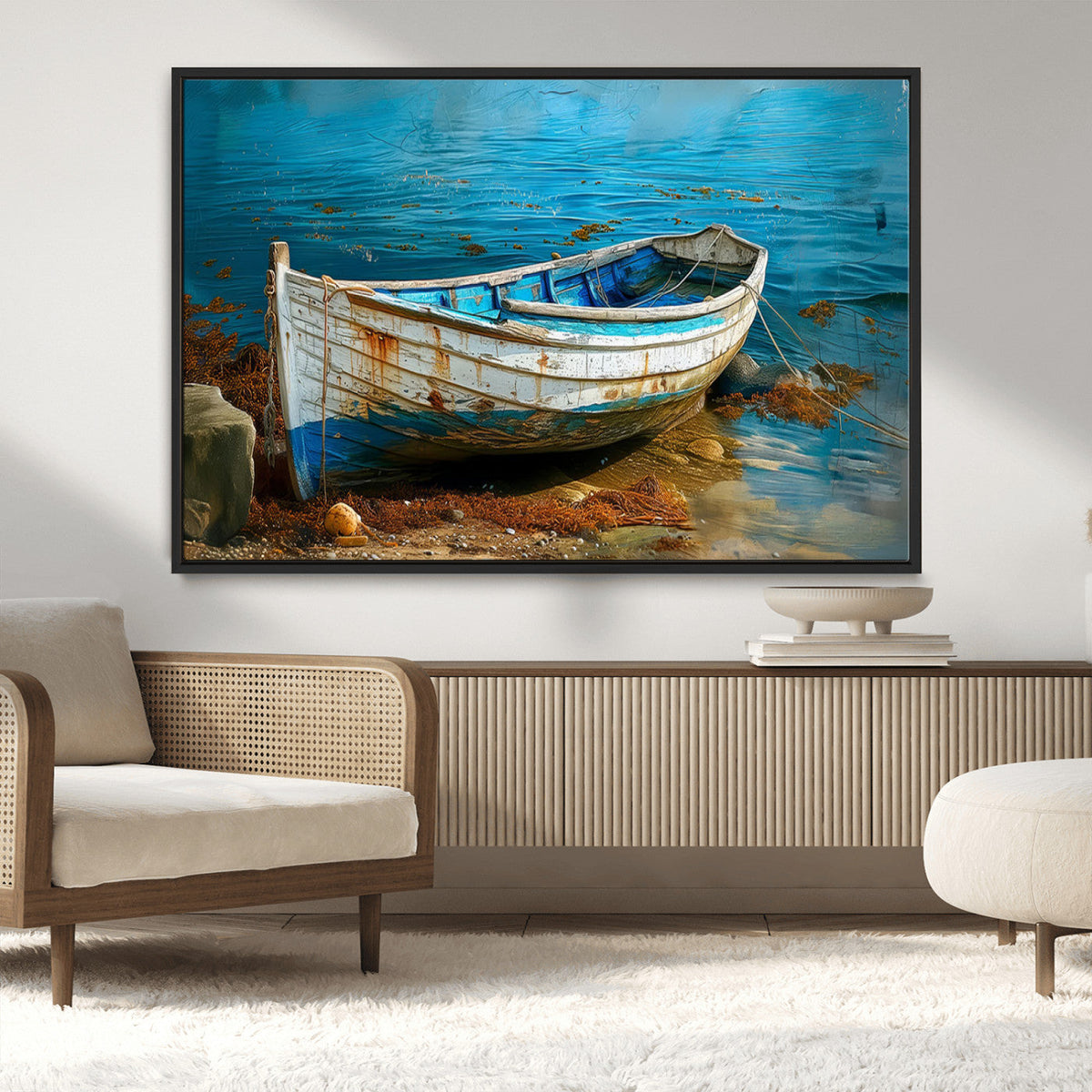 Vintage Boat on Tranquil Waters | Coastal Wall Art for