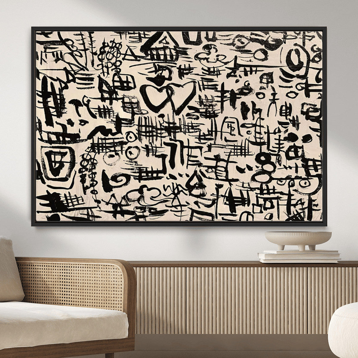 Abstract Love and Chaos Canvas Print, Black Symbols on Beige