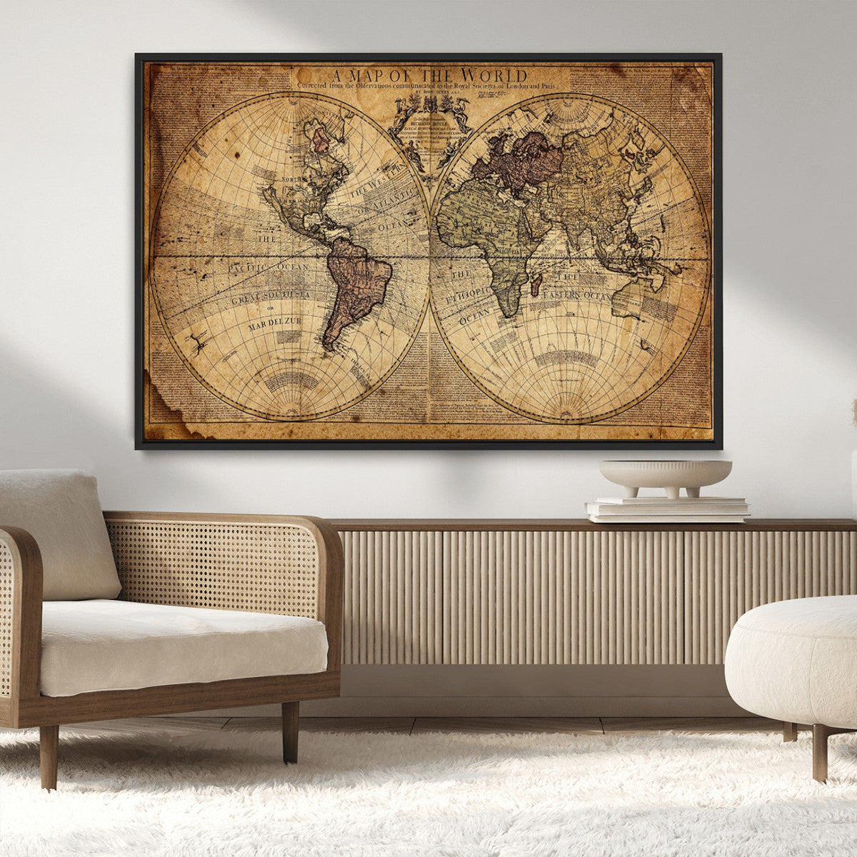 Vintage World Map Wall Art Canvas – Antique Style Push Pin