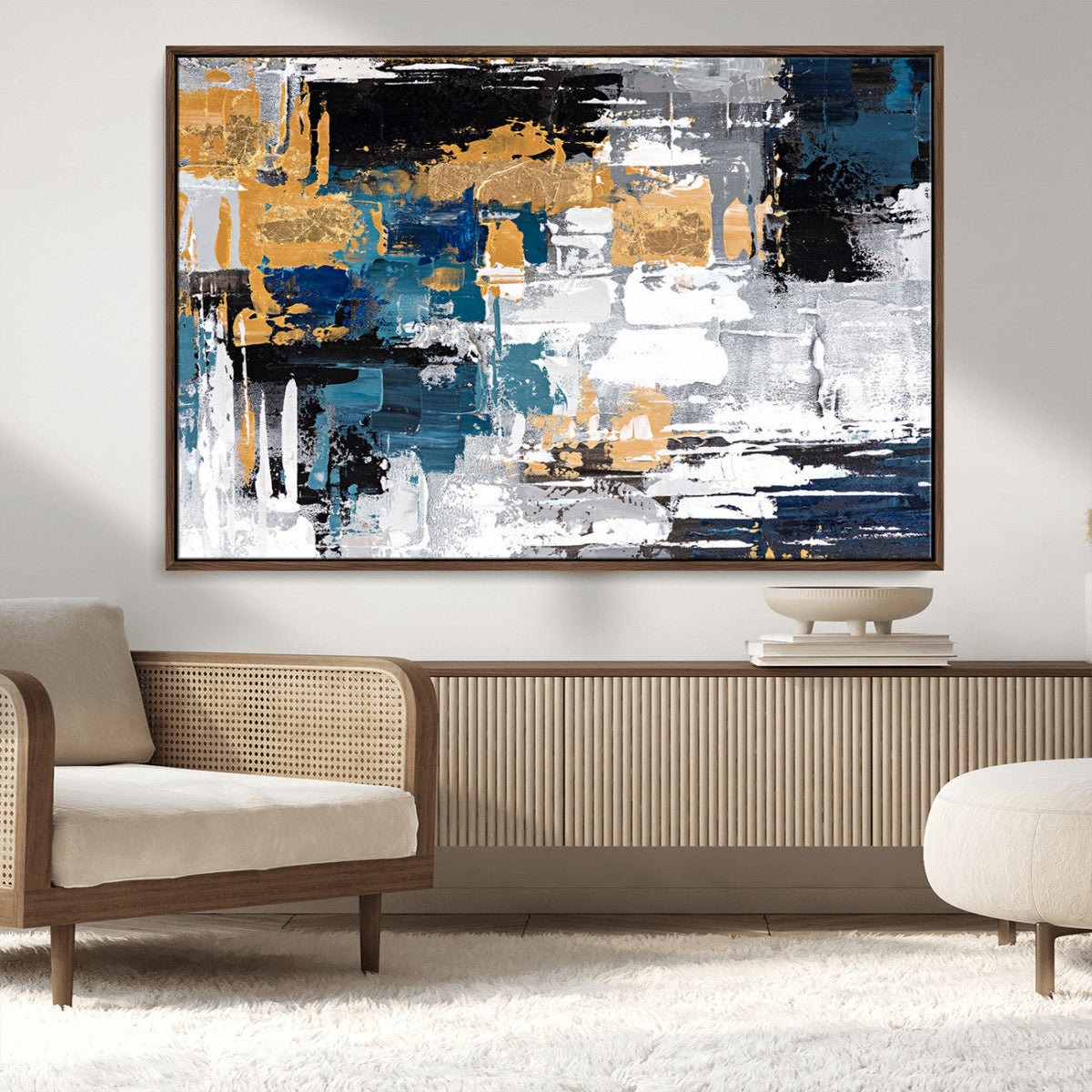 Blue and Gold Abstract Canvas Wall Art – Triptych Modern
