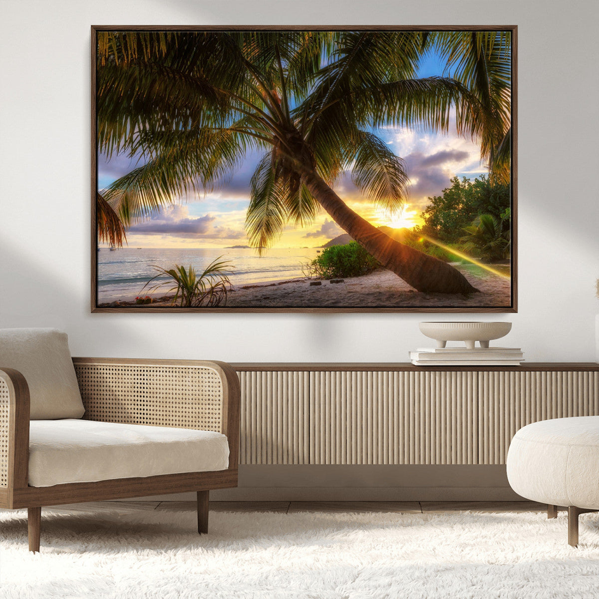 Tropical Island Sunset on the Beach Palms Wall Art Canvas