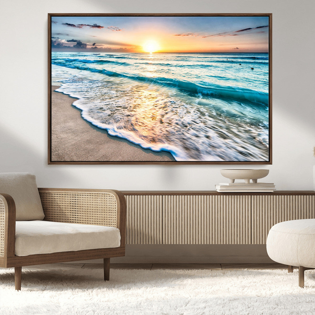 Sunset Beach Waves Canvas Wall Art – 5-Panel Ocean Sunset