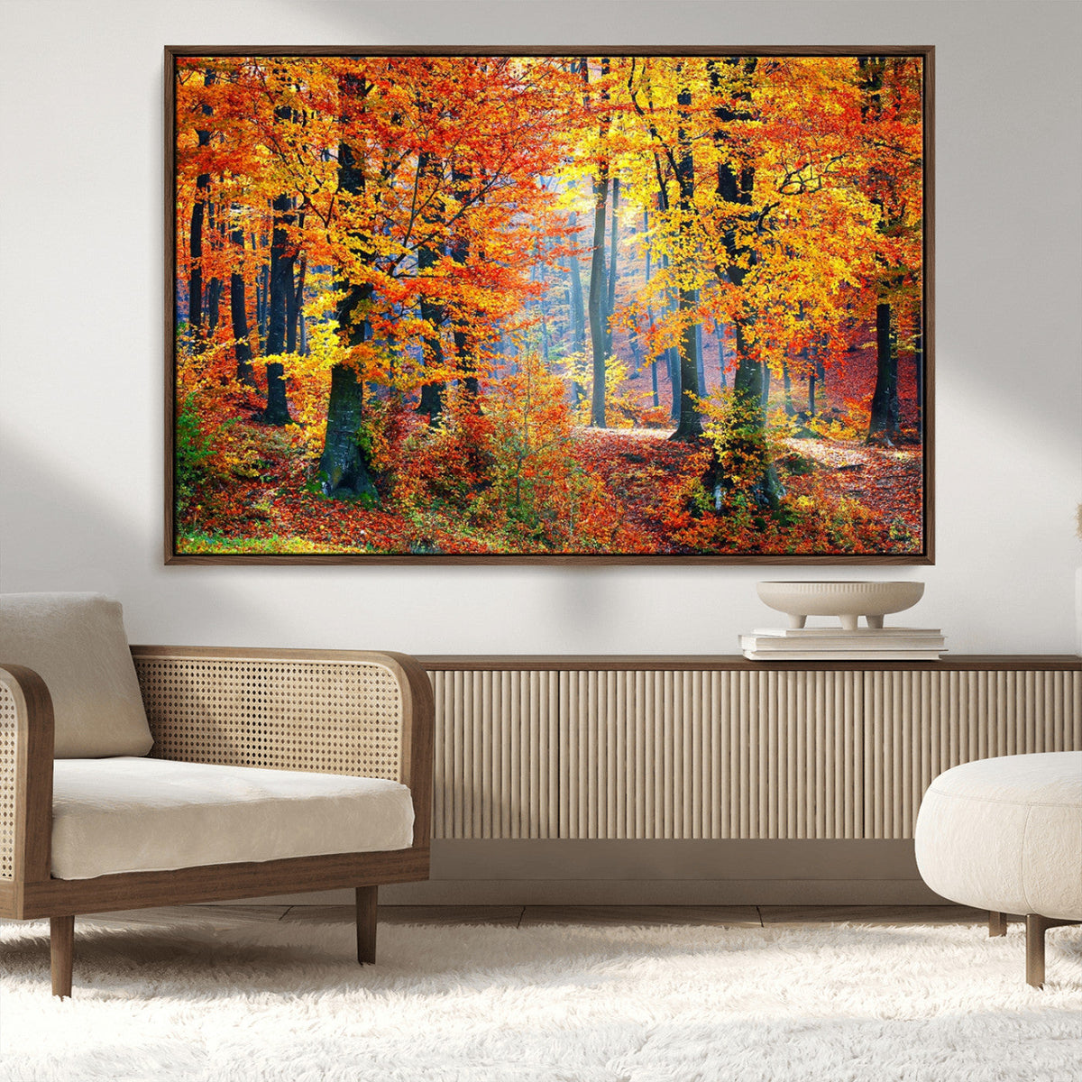 Autumn Red Forest Triptych Canvas Wall Art Print, Forest