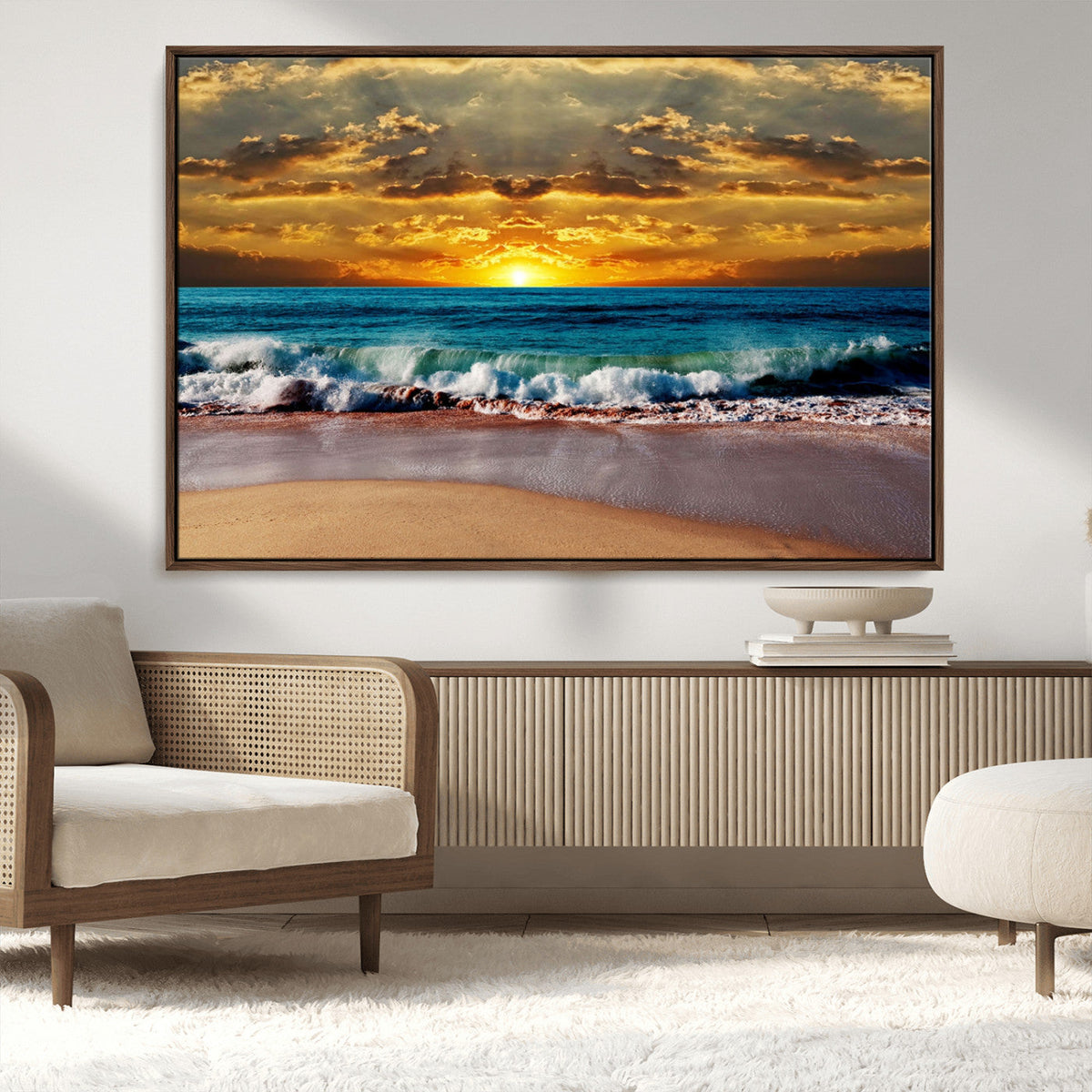 Ocean Sunrise Over Golden Beach Waves, Giclee Canvas Wall