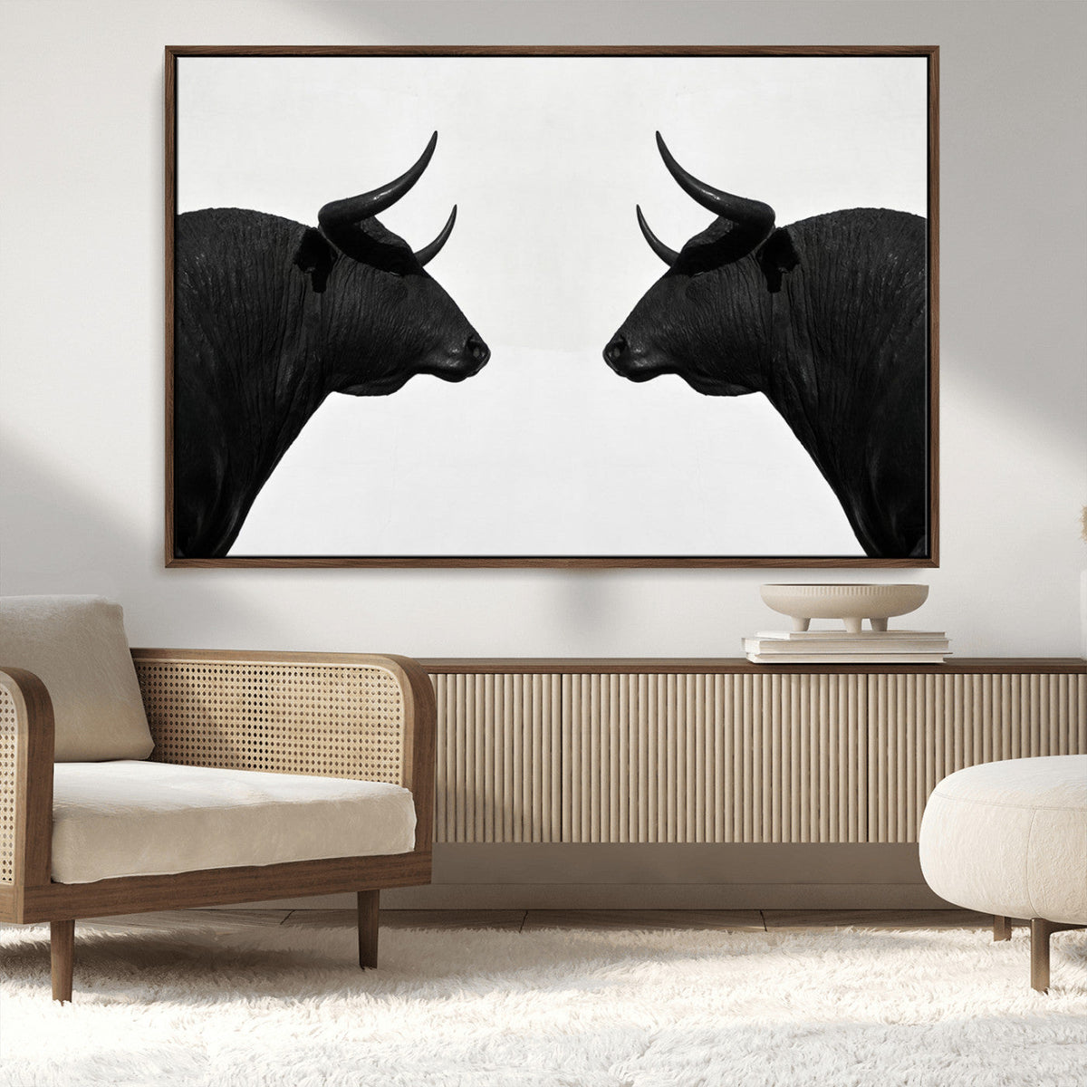 Spanish Bull Art - Framed Black and White Bull Canvas Print