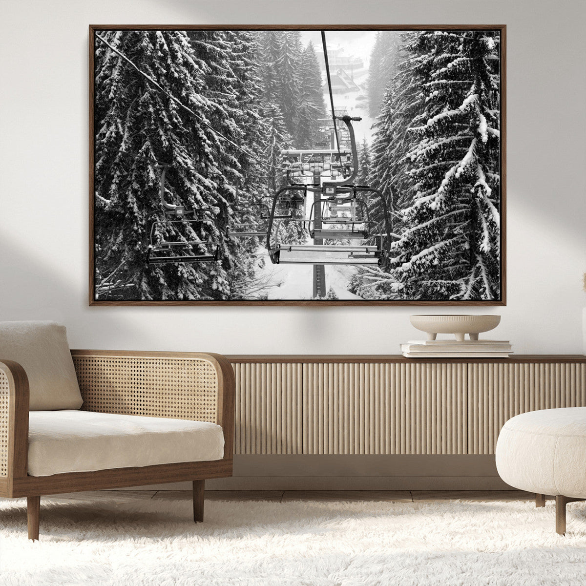 Winter Ski Lift Black and White Canvas Wall Art – Alpine