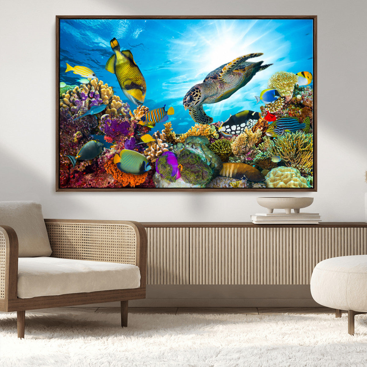Colorful Coral Reef and Sea Life Turtle Canvas Print,