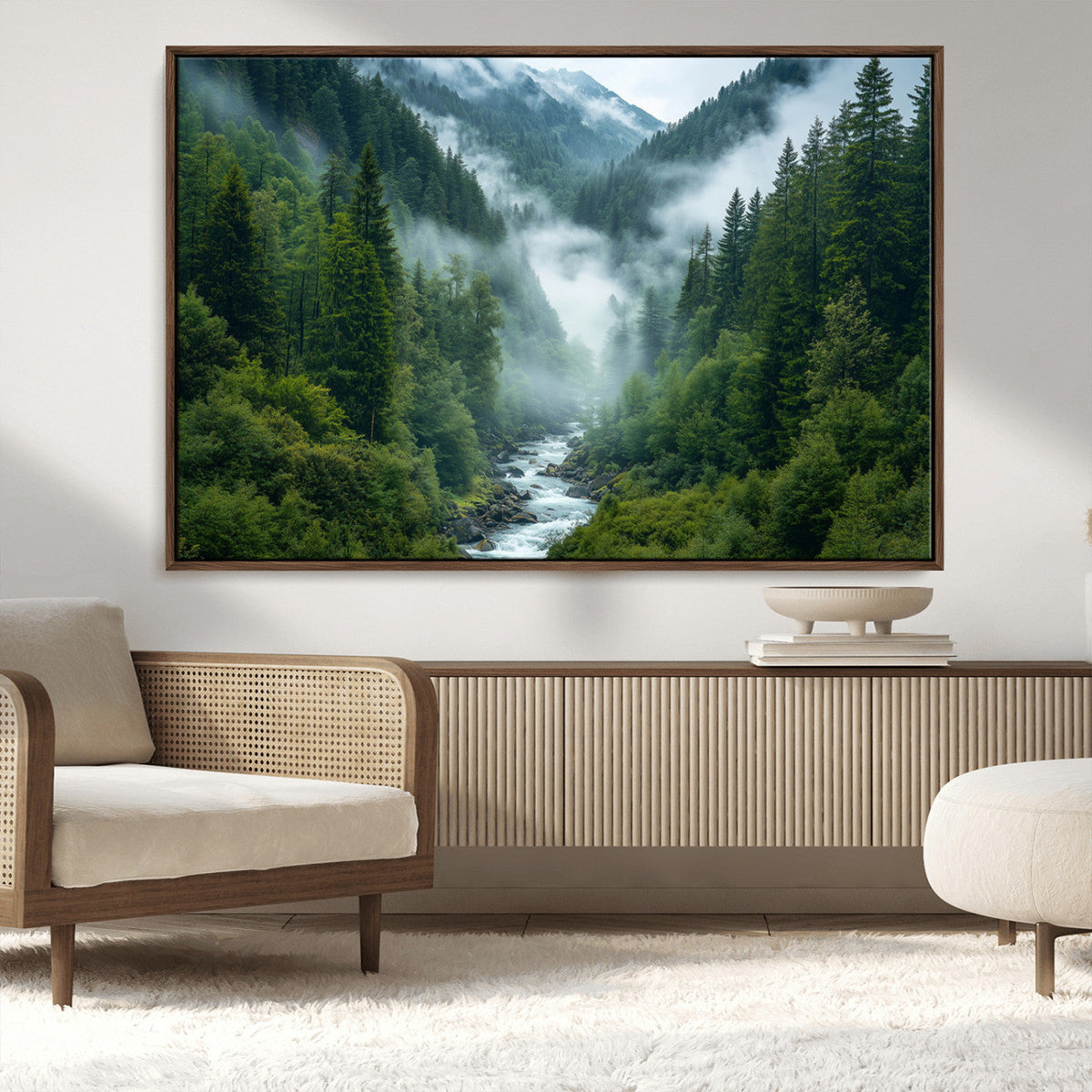 Mountain Forest River Canvas Wall Art Print - Serene Nature
