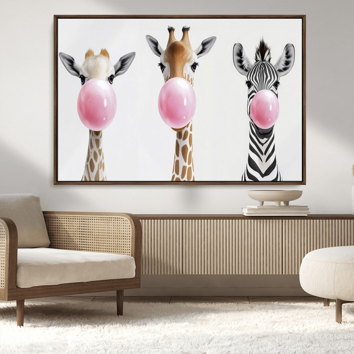 Bubblegum Animals Canvas Wall Art - Playful Giraffe and