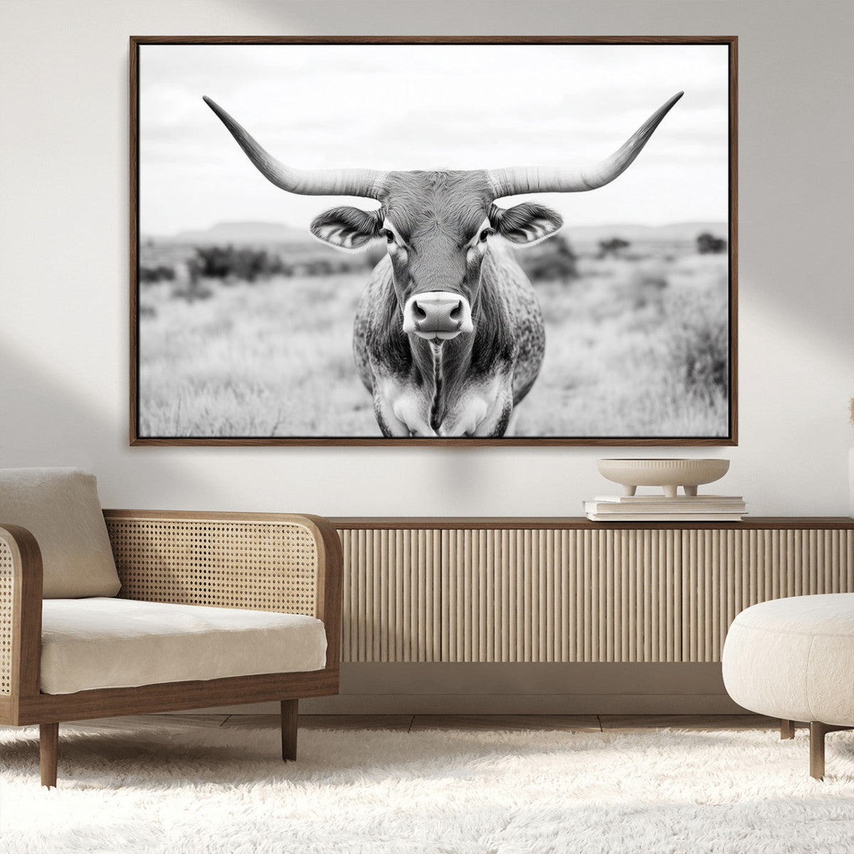 Highland Cow Wall Art Canvas Print – Black and White Western
