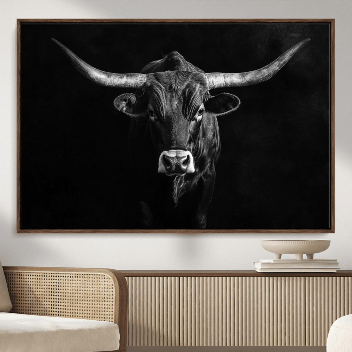 Texas Longhorn Wall Art Canvas Print – Framed Monochrome