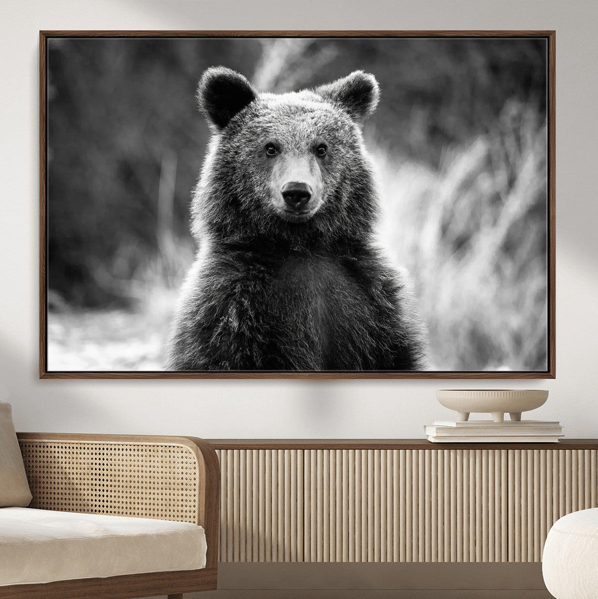 Grizzly Bear Wall Art Canvas Print – Framed Black White