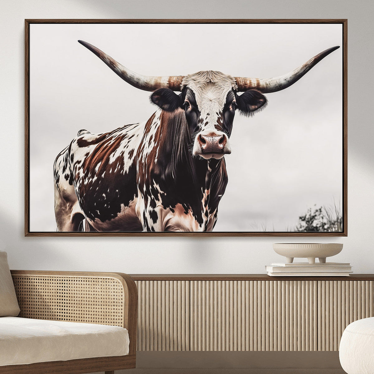 Texas Longhorn Wall Art Canvas Print – Framed Spotted Bull