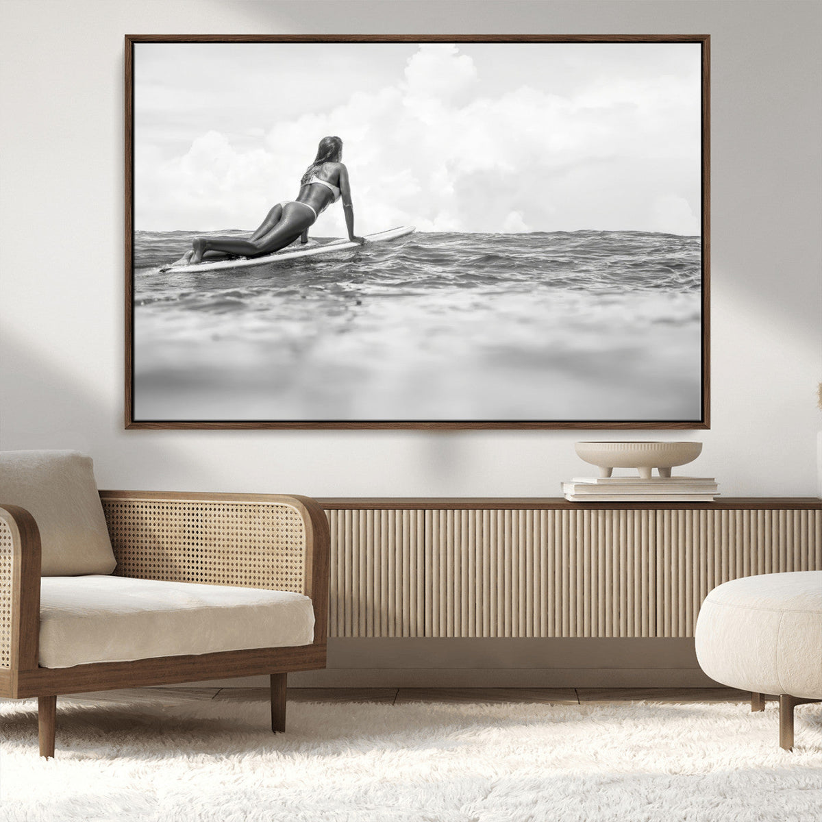 Black and White Surfing Wall Art Canvas Print – Framed Ocean
