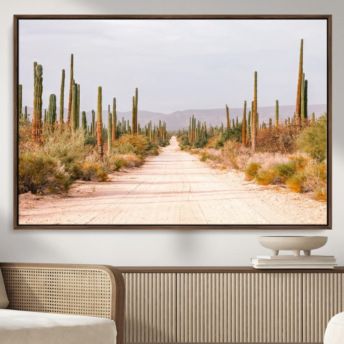 Desert Cactus Lined Road Wall Art Canvas Print – Framed