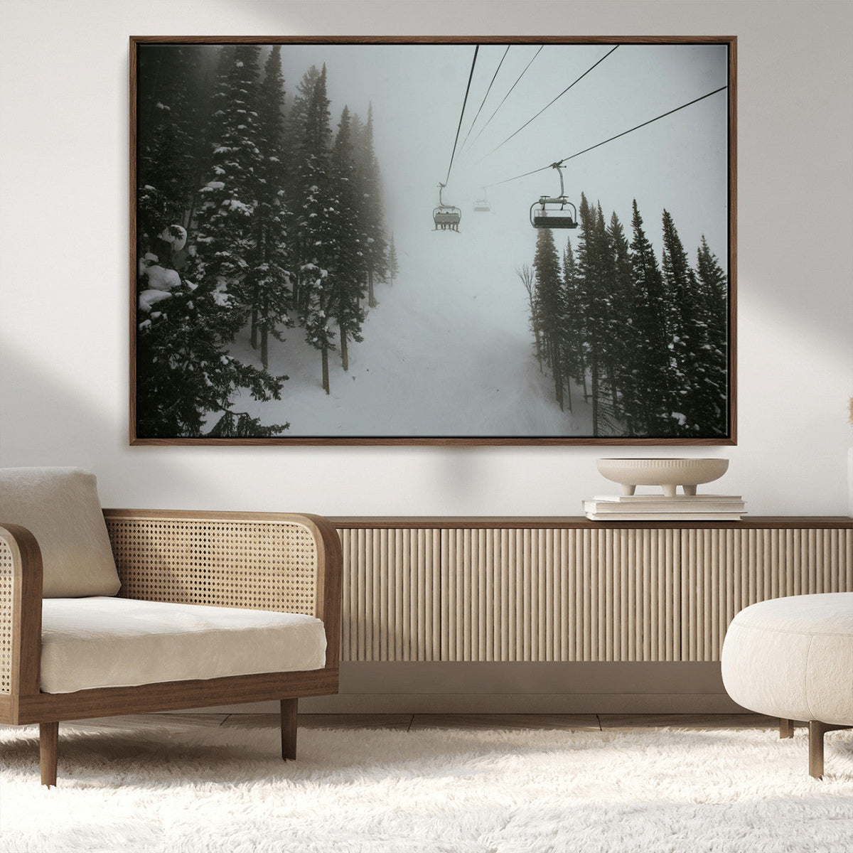 Ski Lift Wall Art Canvas Print – Snowy Pines Misty Landscape