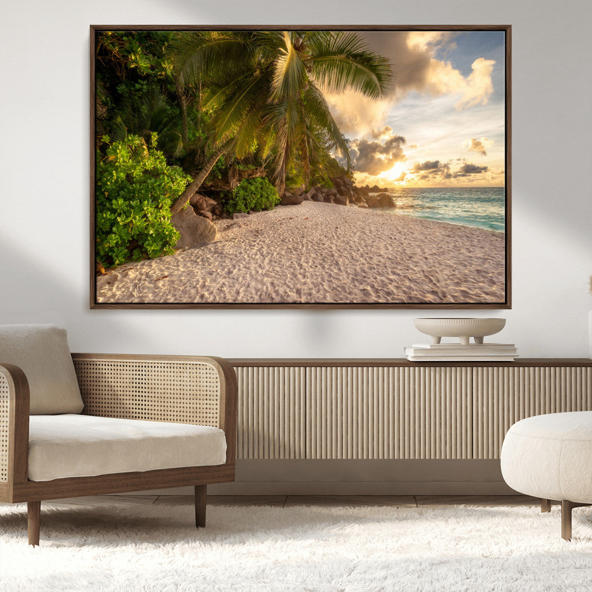 Tropical beach sunset, palm trees, white sand, ocean waves,