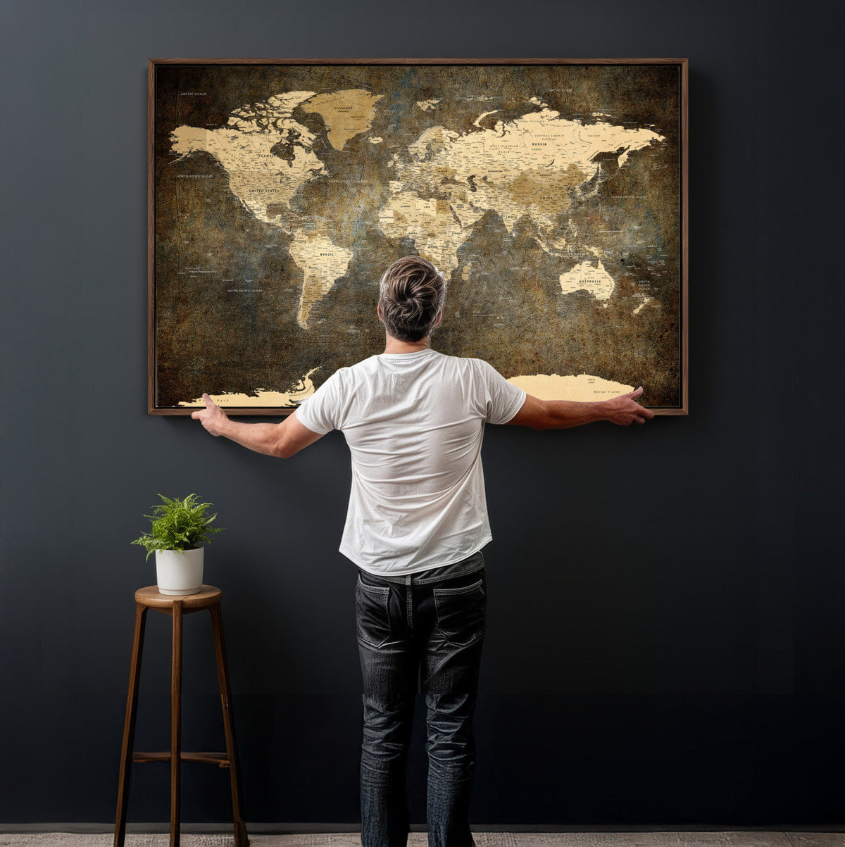 Large Framed Vintage World Map Wall Art Print for Home Wall