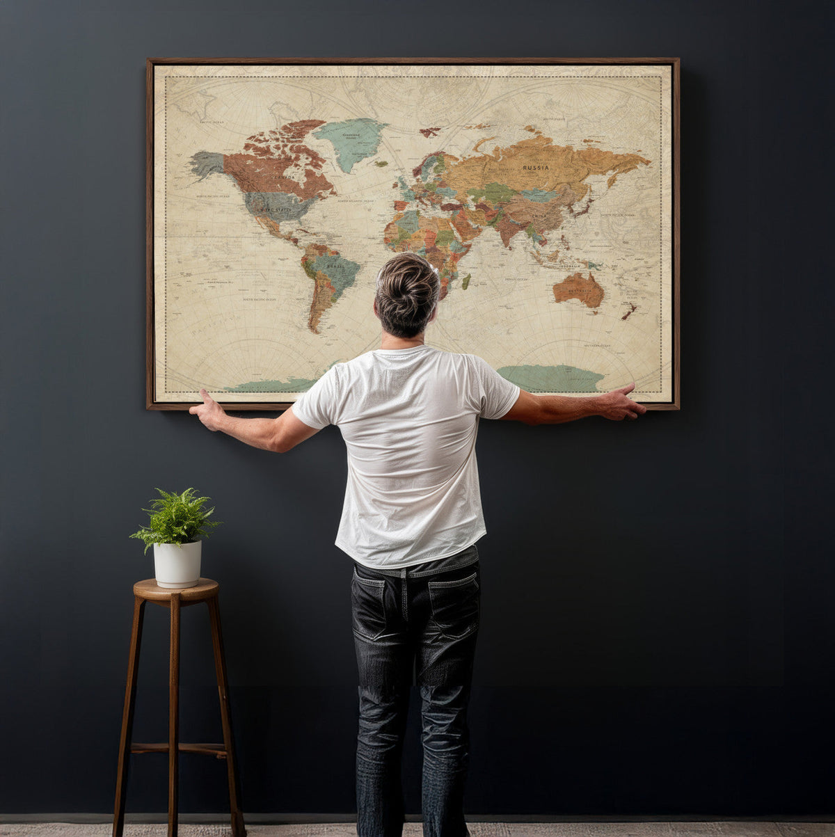 Vintage World Map Canvas Wall Art Print – Framed Modern
