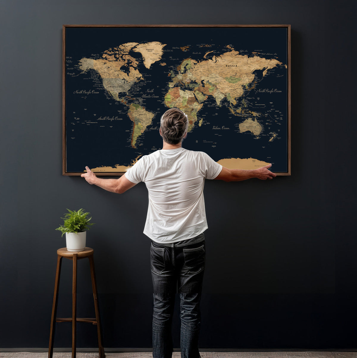 Vintage World Map Canvas on the Dark Background Wall Art