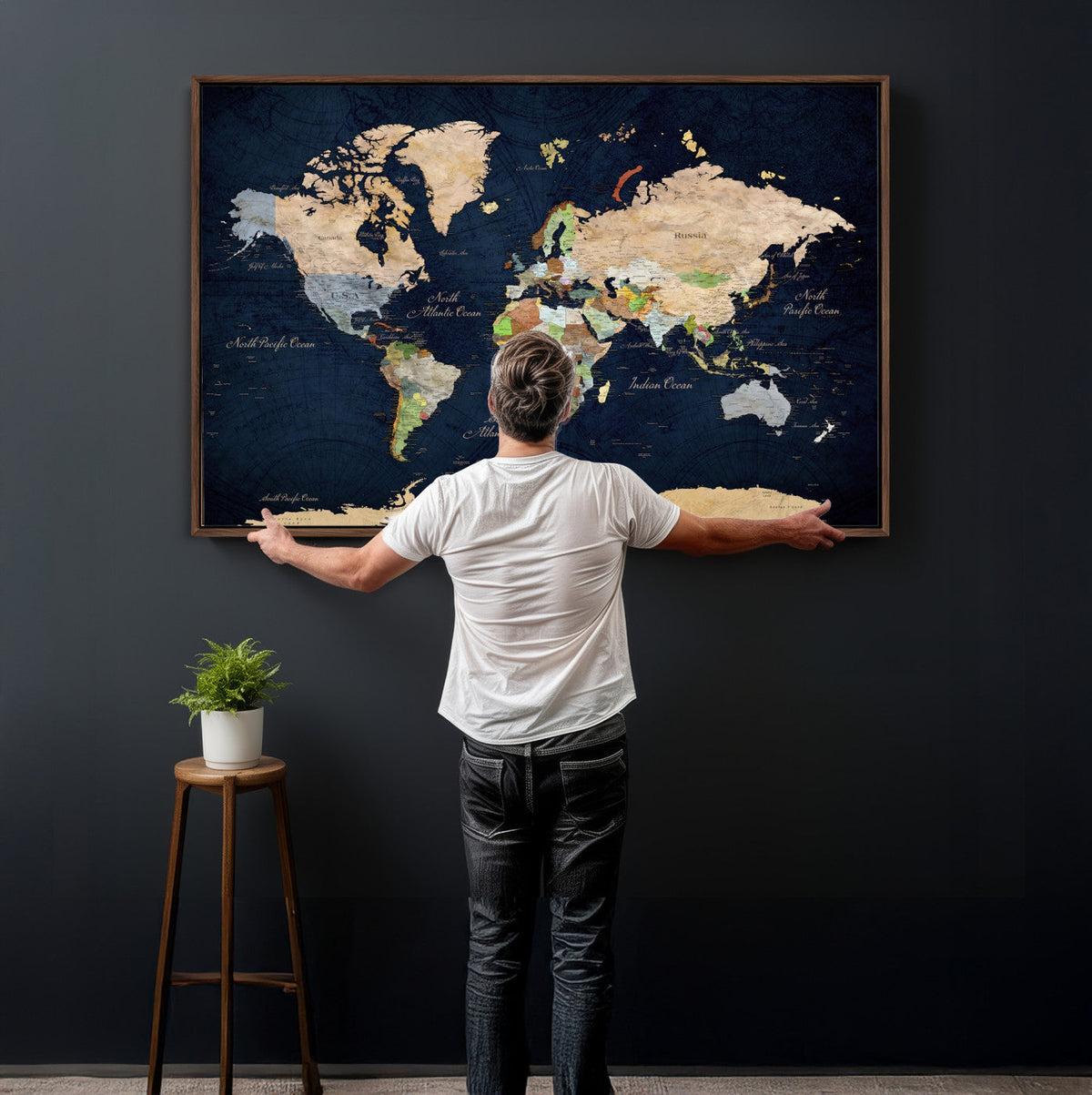 Minimalist World Map Canvas Wall Art - Watercolor Blue and