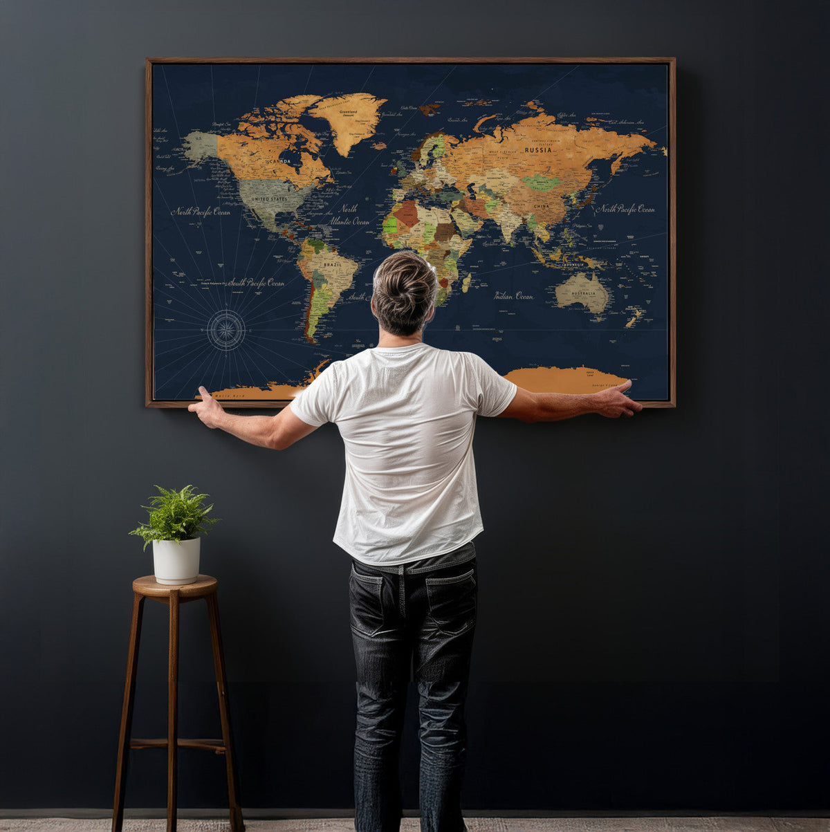 Modern World Map Canvas Print – Framed Detailed Map of the