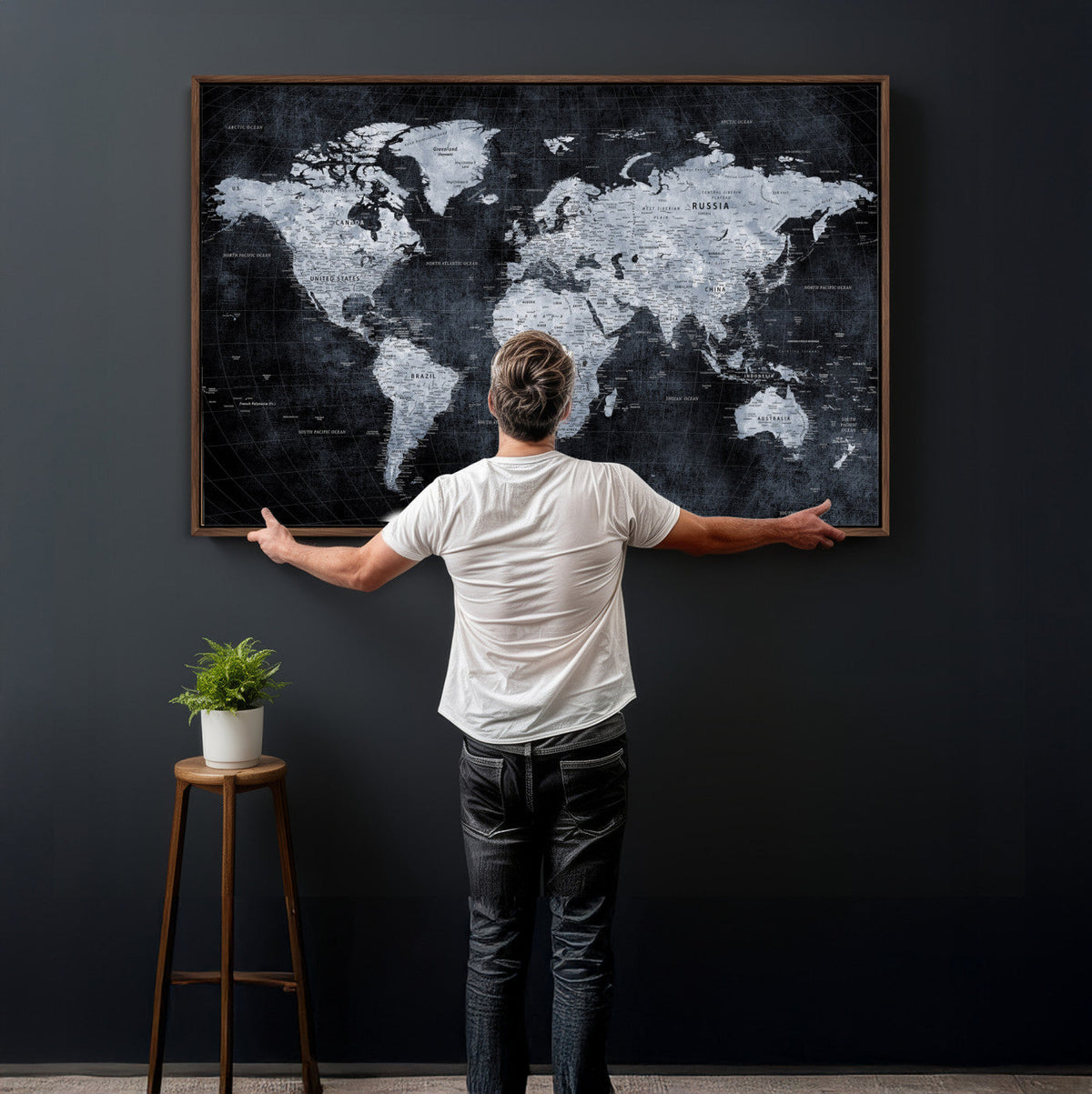 Black World Map Canvas Print – Detailed Map for Couples and