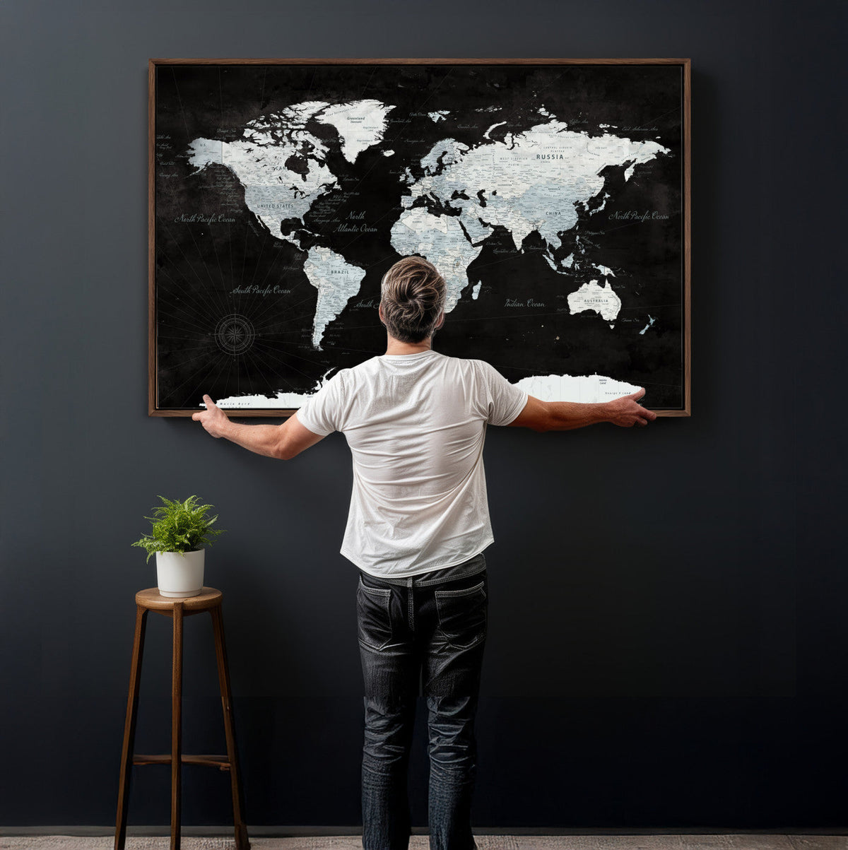 World Map Canvas Print – Framed Push Pin Wall Art, Color