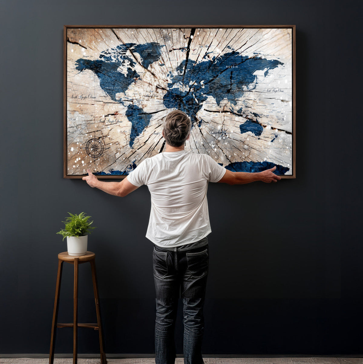 Rustic World Map Canvas Print – Framed Wall Art for Couples,