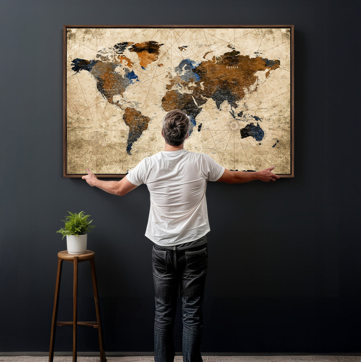 World Map Wall Art – Rustic Earth Tone Canvas Print, Antique