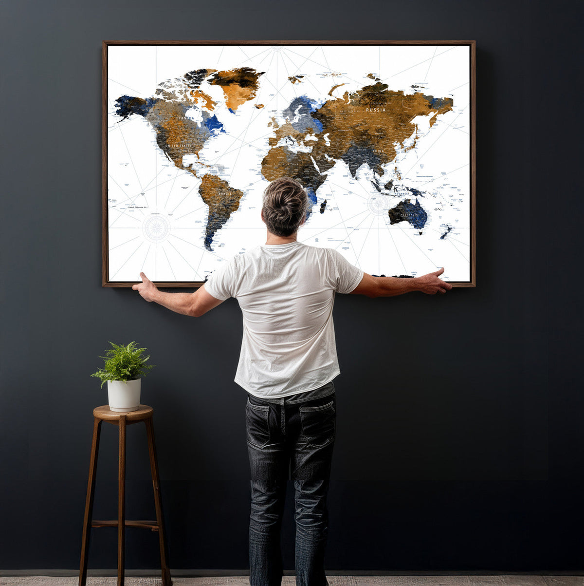 World Map Wall Art Canvas Print, Modern Decorative Framed