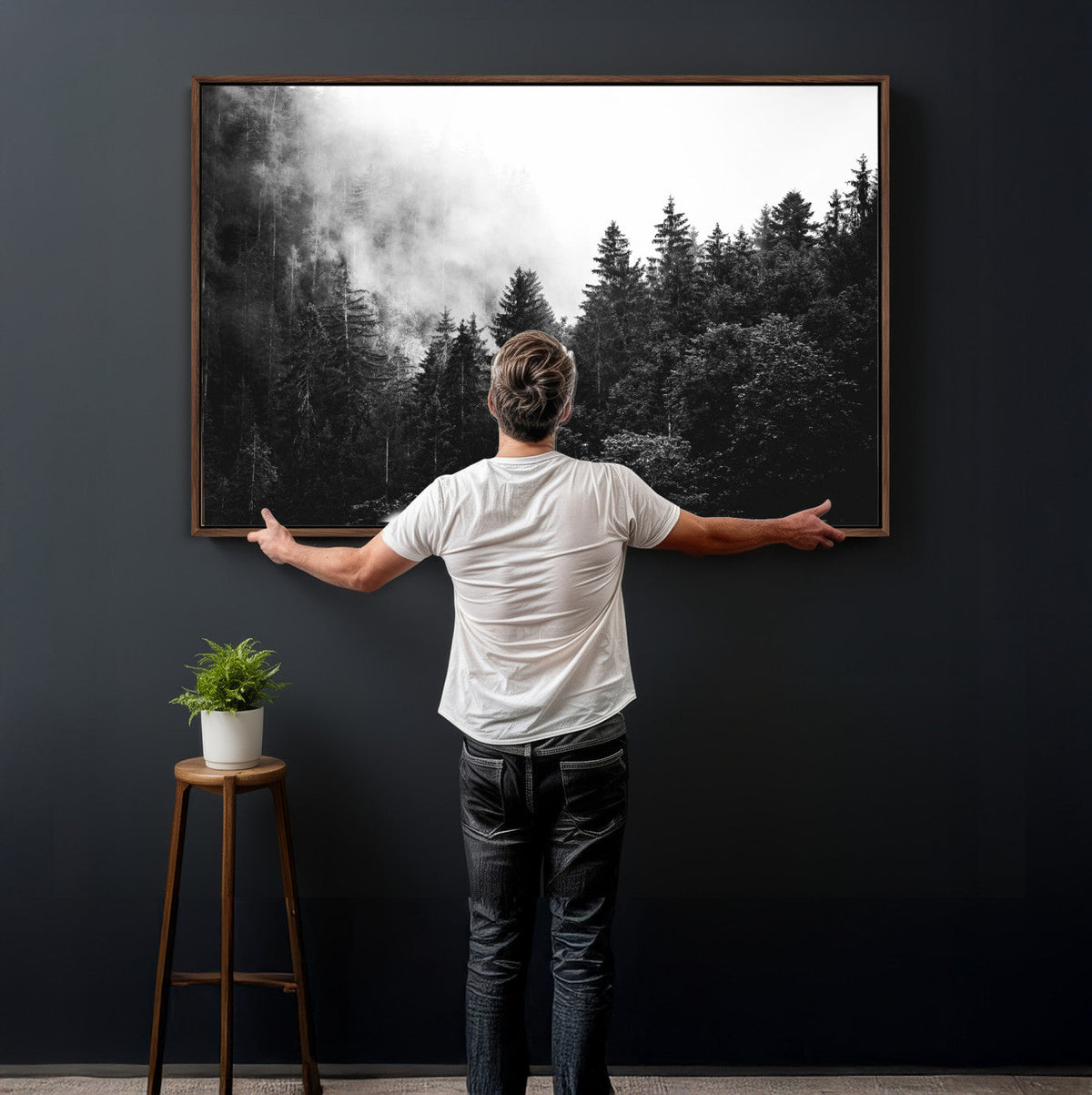 Black White Forest Wall Art Canvas Print, Misty Pine Tree