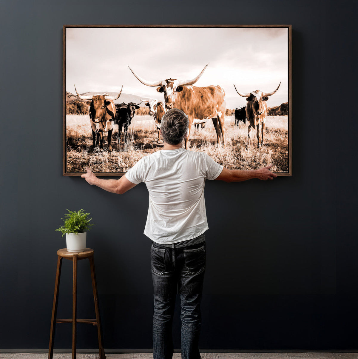 Texas Longhorn Cattle Wall Art Canvas Print, Sepia Western