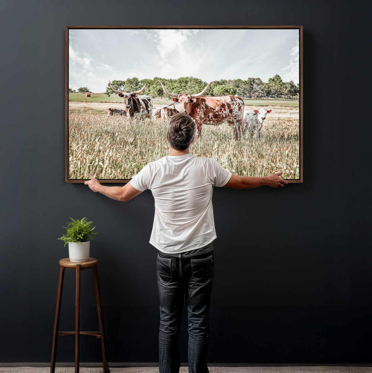 Texas Longhorn Cattle Wall Art Canvas Print, Rustic Ranch