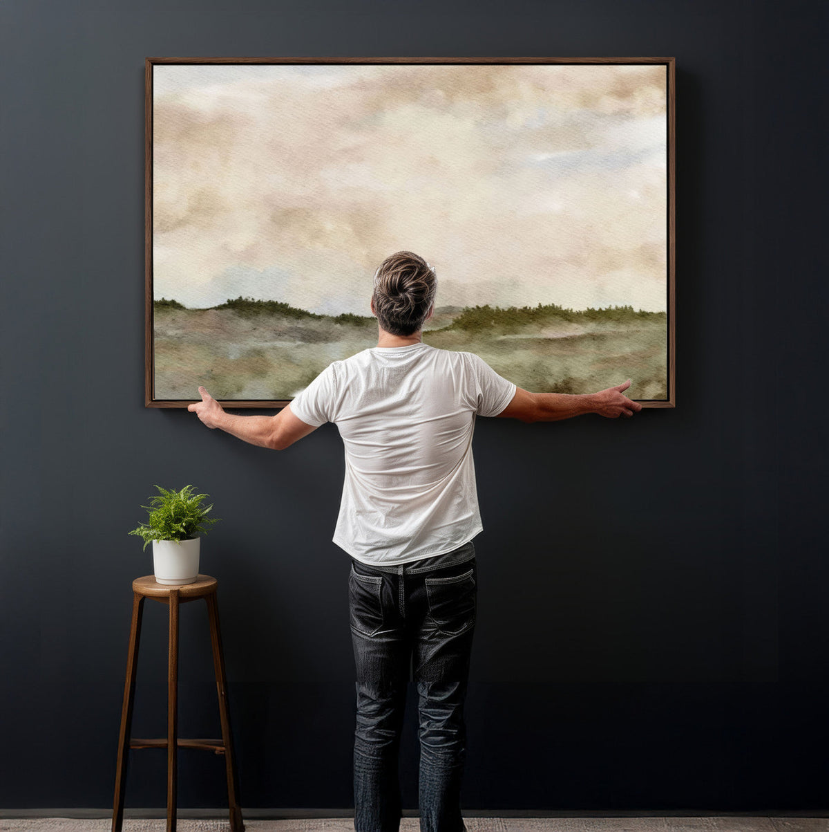 Muted Watercolor Hill Landscape Print — Beige Taupe Cloudy
