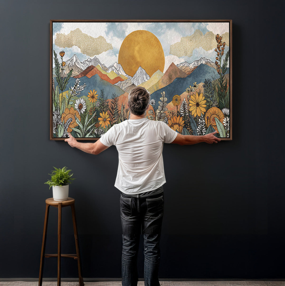 Boho Mountain Landscape Large Wall Art, Horizontal Gold