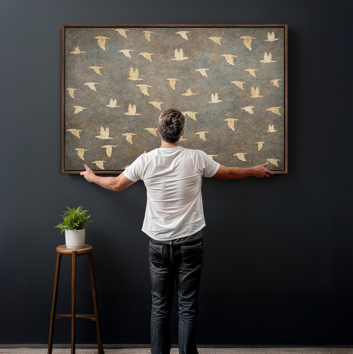 Flying Birds Canvas Wall Art, Vintage Bird Flock Pattern