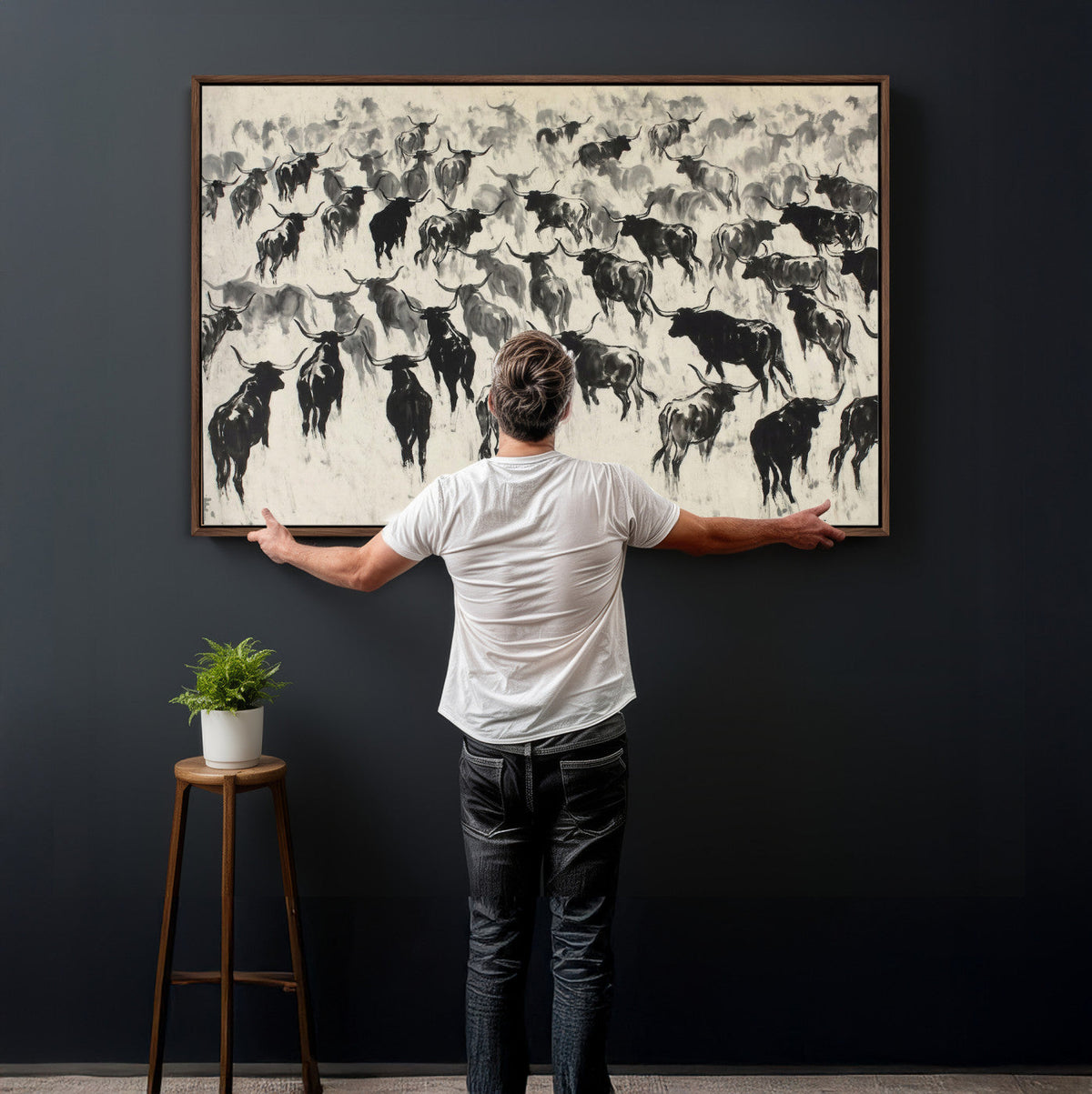 Longhorn Cattle Canvas Wall Art, Black White Stampede Ink