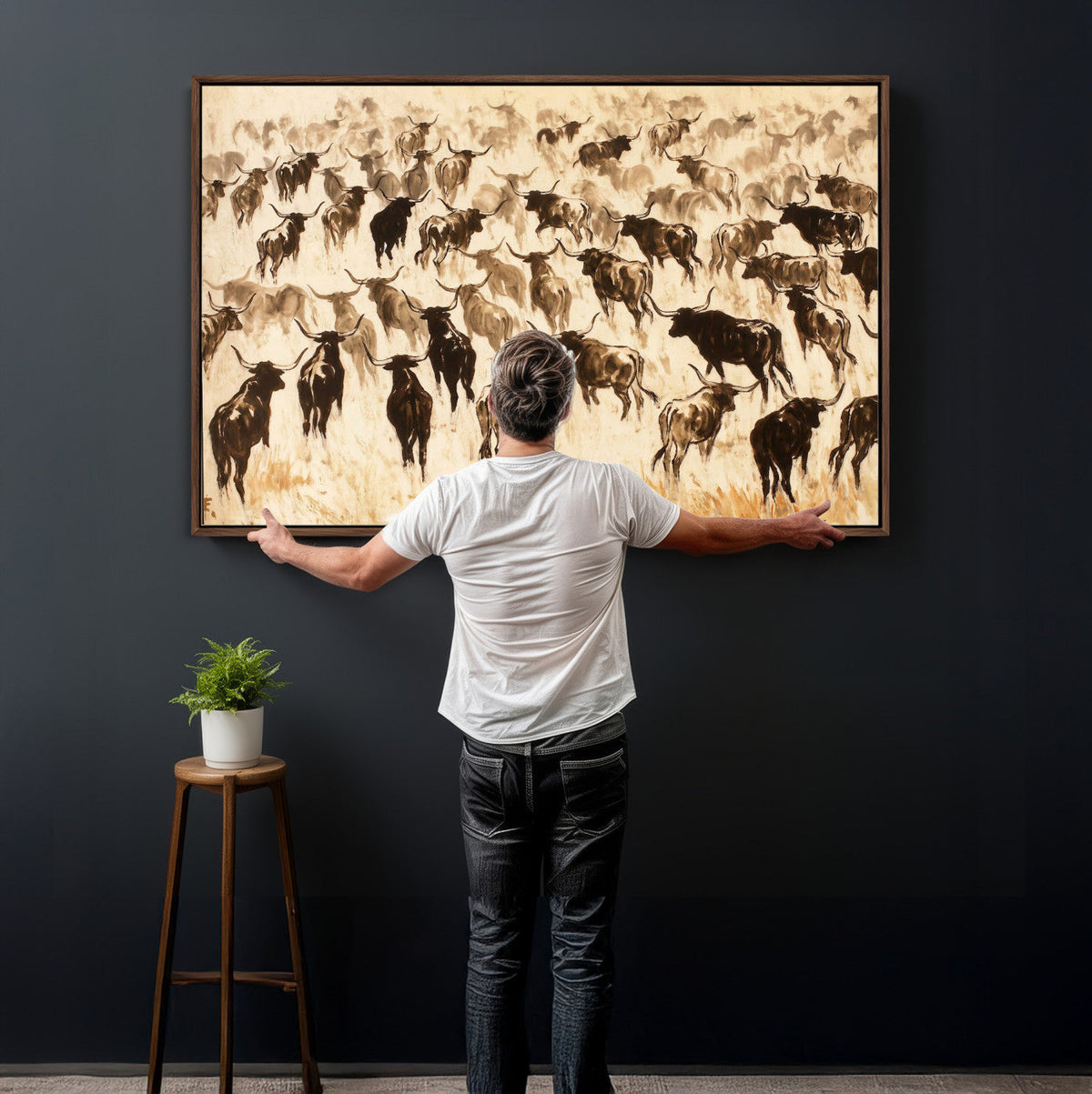 Texas Longhorn Sepia Canvas Wall Art, Western Cattle