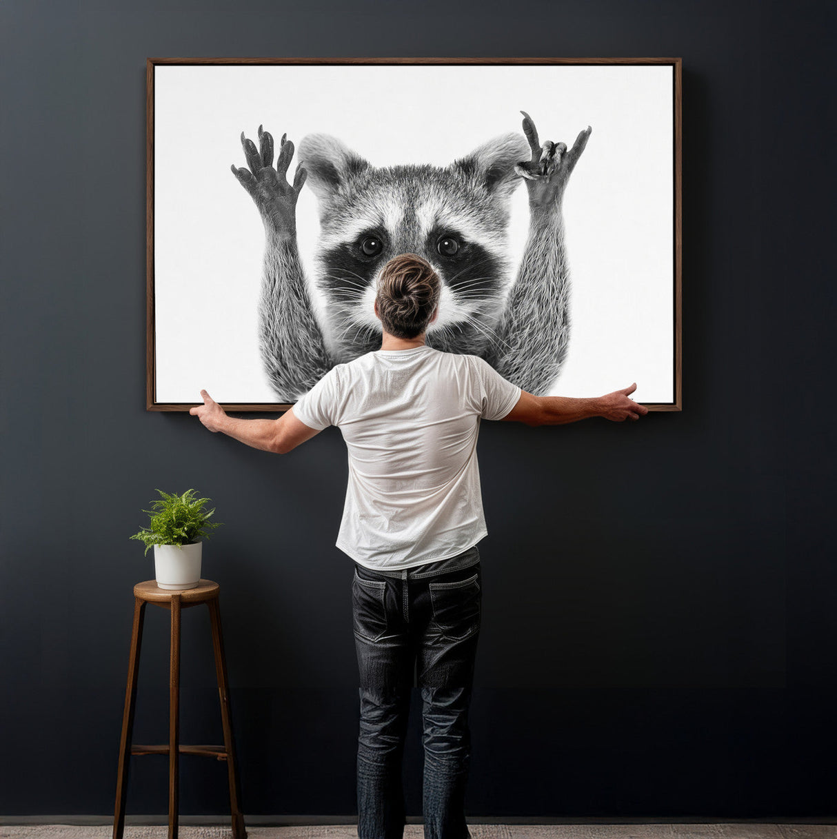 Funny Raccoon Canvas Wall Art, Black White Hands Up Animal Photo Print, Humorous Wildlife Decor, Kids Room Nursery Art, Quirky Animal Gift