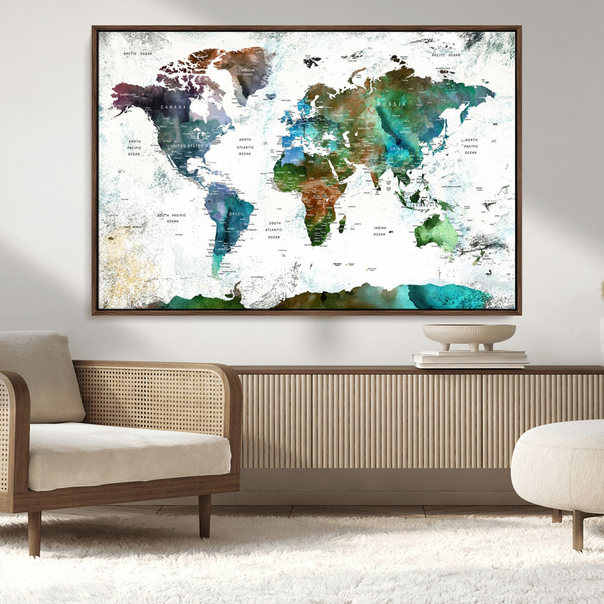 Modern Watercolor World Map Canvas Wall Art – Framed