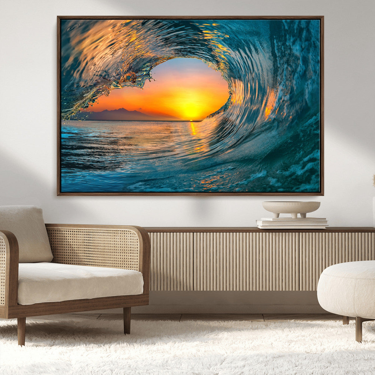 Ocean Wave Sunset Wall Art | Large Coastal Wave Canvas Print