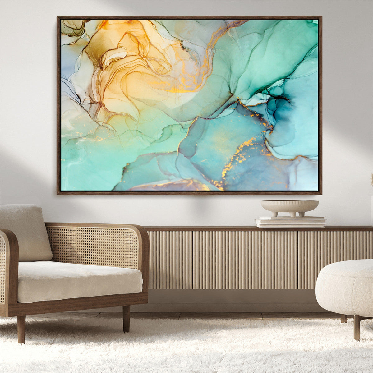Abstract Aqua and Gold Fluid Wall Art Canvas | 3 Panel Large