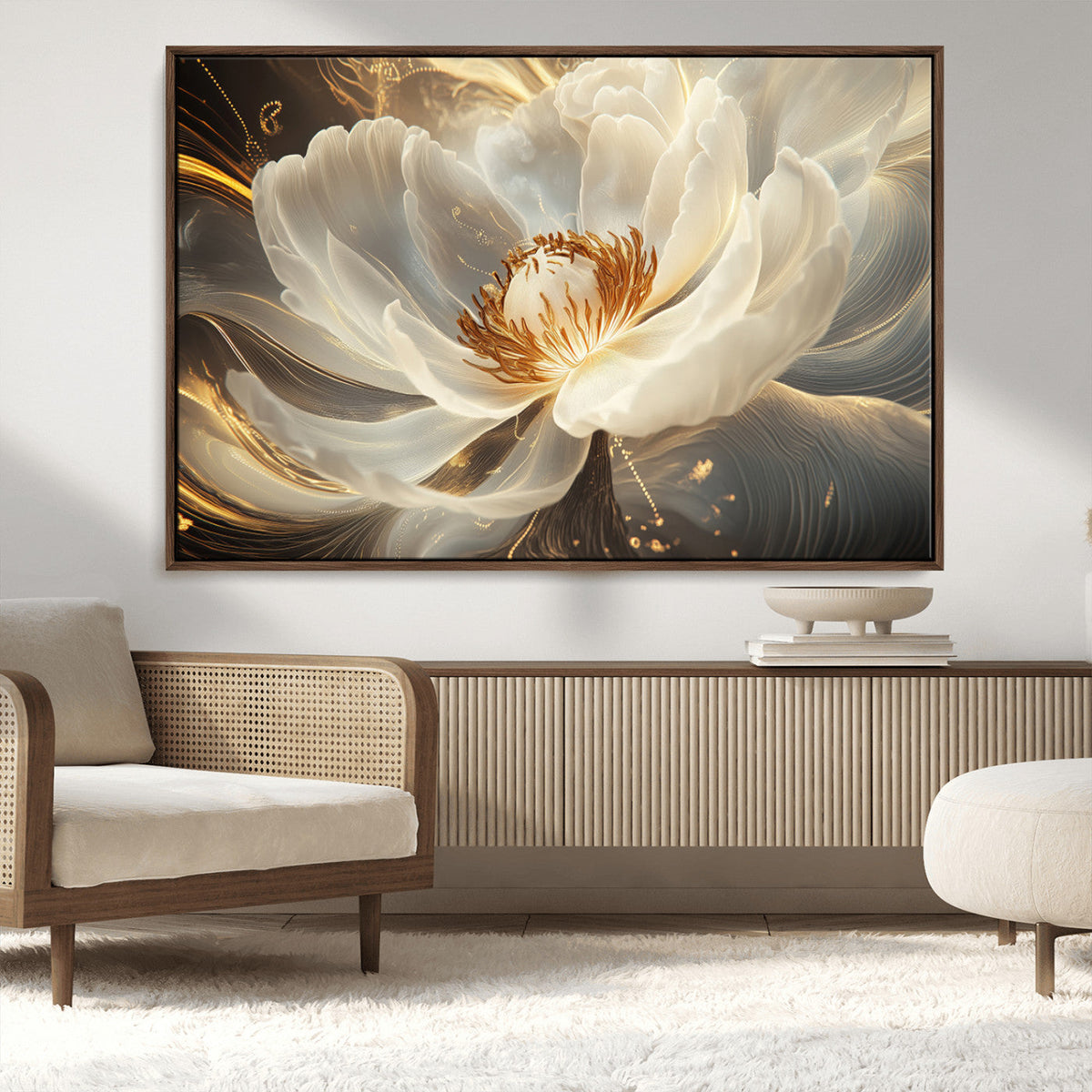Gold Floral Wall Art Canvas Print, Framed Modern Flower Art