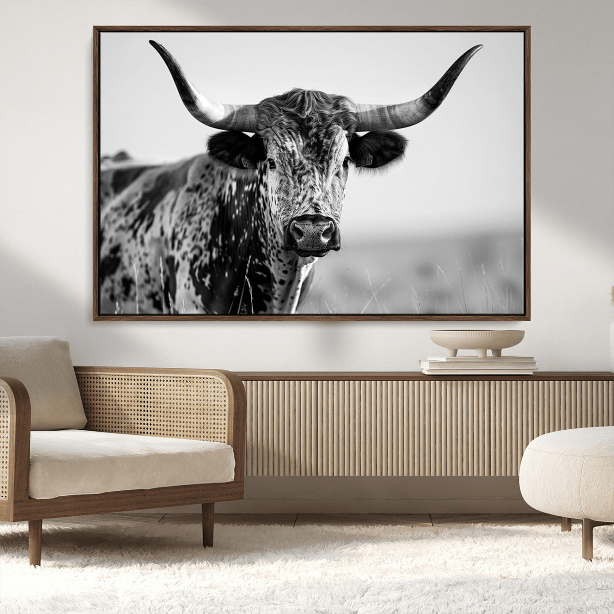 Texas Highland Cow Longhorn Canvas Print - Rustic Farmhouse