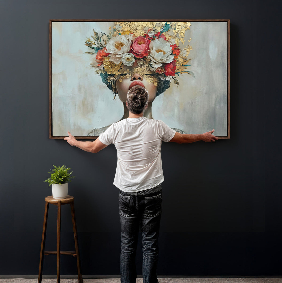 Golden Petal Wall Art Canvas Print - Silhouette Woman Wall